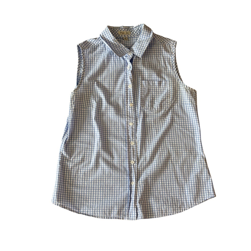 Per Se Blue White Gingham Sleeveless Button Down Shirt Womens Size Medium Cotton